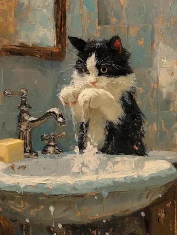 Tuxedo Cat at Sink — Midjourney v6 AI Prompt: oil painting of A playful scene featuring a tuxedo cat washing its paws at a cla...