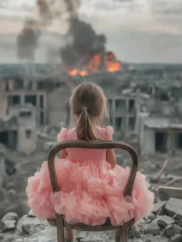 Child in Ruins Surreal Contrast — Midjourney v6 AI Prompt: little girl dressed in flaffy bright pink dress with the tulips, is sitting in t...