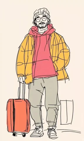 Minimalist Vector Man with Suitcase — Midjourney v6 AI Prompt: vector Illustration minimalist of a A middle-aged Man Wearing t-Shirt and hoodie...