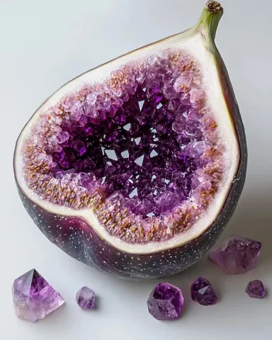 Figs with Amethyst Crystals — Midjourney v6 AI Prompt: A whole figs fruit with a slight cut exposing vibrant violet ametyst crystals in...