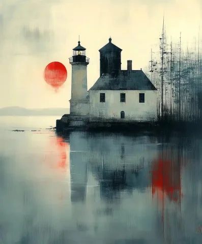 Stylised Ink Wash Lighthouse — Midjourney v6 AI Prompt: Painted white, St Mary’s Lighthouse, St Mary’s Island, England highly-stylised a...