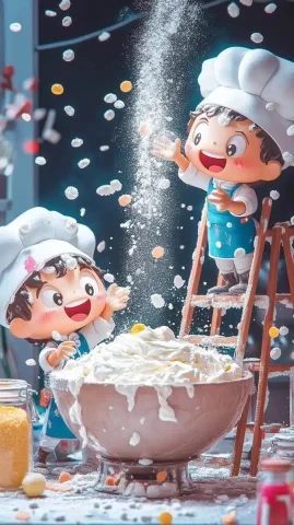 Chef Men Kneading Dough — Midjourney v6 AI Prompt: Two little men in chef costumes are kneading dough: Two little men are standing...