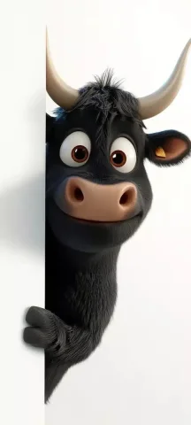 3D Pixar Cow Wall Poking — Midjourney v6 AI Prompt: 3D rendering of a cute black cow with its head poking out of a wall, with majest...