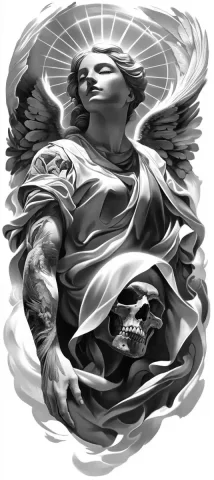Angelic-Eerie Sleeve Tattoo Design — Midjourney v6 AI Prompt: Realistic Tattoo Design Concept This is a tattoo design, not an actual tattoo. F...