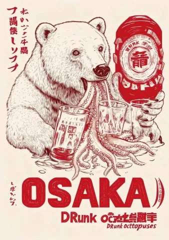 Polar Bear T-Shirt Design — Midjourney v6 AI Prompt: a t-shirt design that says "OSAKA()." The text is in red and white, the backgrou...