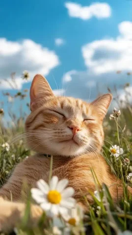 Orange Cat in Park — Midjourney v6 AI Prompt: An orange cat is playing on the grass in the park with a blue sky. There are sma...