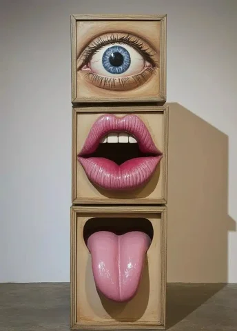 Stacked Box Sculpture — Midjourney v6 AI Prompt: A tall sculpture made of three different boxes stacked on top of each other. The...