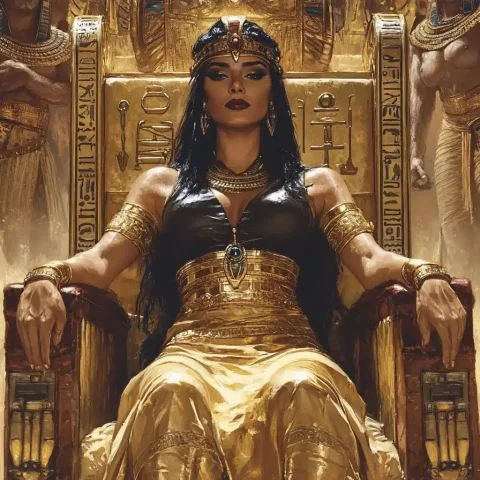 Cleopatra Throne Illustration — Midjourney v6 AI Prompt: Cleopatra on Her Throne – An image of Cleopatra with a defiant expression, sitti...
