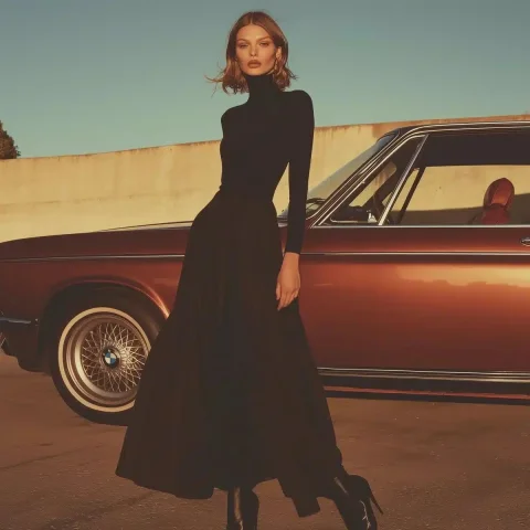 High-Fashion Model with BMW — Midjourney v6 AI Prompt: High-fashion editorial photography, a tall model standing confidently in front o...