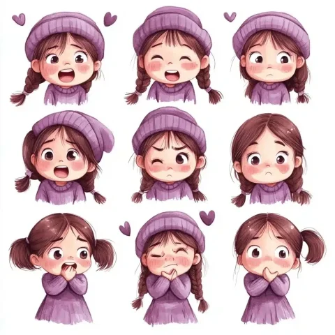 Cute Girl Emoji Pack — Midjourney v6 AI Prompt: A set of emoticon pack illustrations, a matrix of 6 pictures, various expression...
