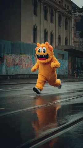Monster Mascot Running Rain — Midjourney v6 AI Prompt: A person wearing a monster mascot costume, running on a rainy street to avoid th...