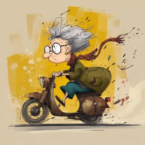 Cartoon Woman on Motorcycle — Midjourney v6 AI Prompt: An old woman with gray hair and a wrinkled face rides a motorcycle wildly. carto...