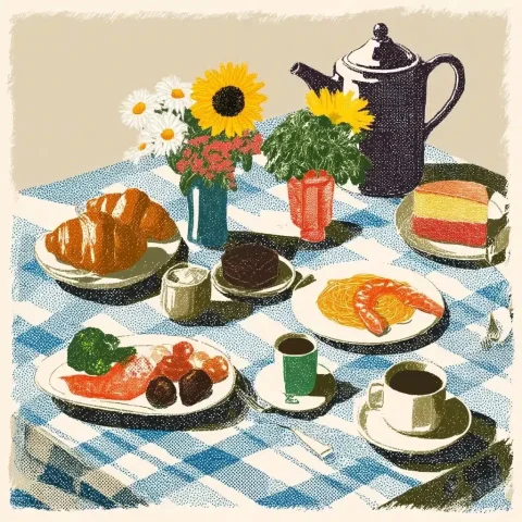 Abstract Cafe Table Sketch — Midjourney v6 AI Prompt: Create an abstract sketch-style illustration depicting a cafe table covered with...