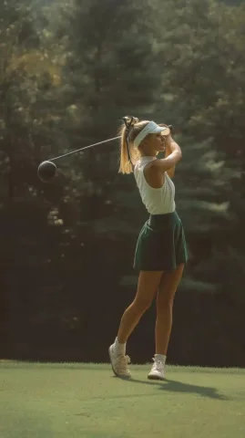 Polished Golfer on Course — Midjourney v6 AI Prompt: Stylish female golfer preparing to swing on a lush green course, wearing a sleev...