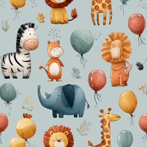 Hand-Painted Zoo Patterns — Midjourney v6 AI Prompt: Children's hand-painted style, printed patterns, zoo, cute, balloons, ribbons --...