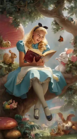 Alice Reading in Wonderland — Midjourney v6 AI Prompt: smiling alice in wonderland reading a glittering book in wonderland above a mush...