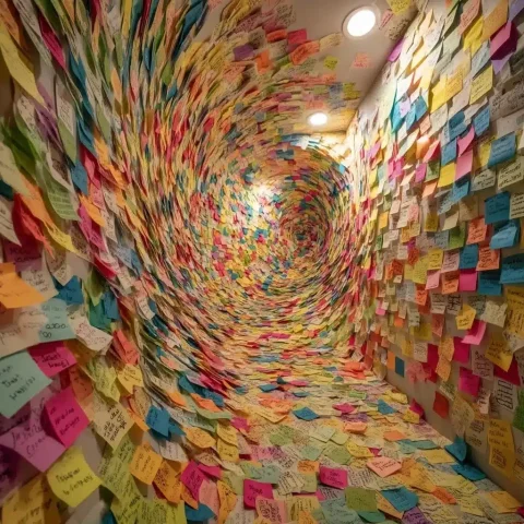Colorful Sticky Note Tornado — Midjourney v6 AI Prompt: A large number of colorful sticky notes (Post-its) covering a wall and spiraling...