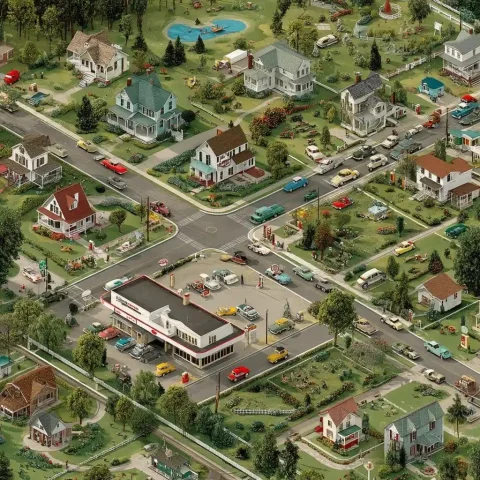 Vintage Americana Suburban Map — Midjourney v6 AI Prompt: classic, gas station, signage, poster, pattern, template, Birds Eye view, neighb...