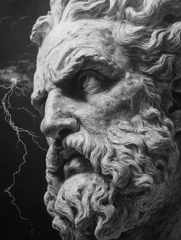 Realistic Zeus Portrait Lightning — Midjourney v6 AI Prompt: greek god’s face zeus, lightning. looking slightly left. black and white, realis...