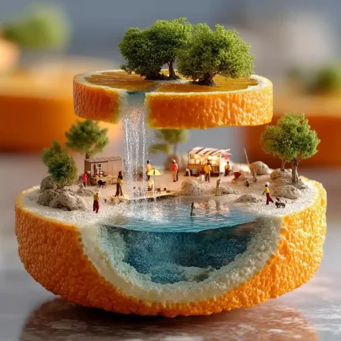 Surreal Orange Landscape Art — Midjourney v6 AI Prompt: A surreal digital artwork of a halved orange, with the top half positioned above...