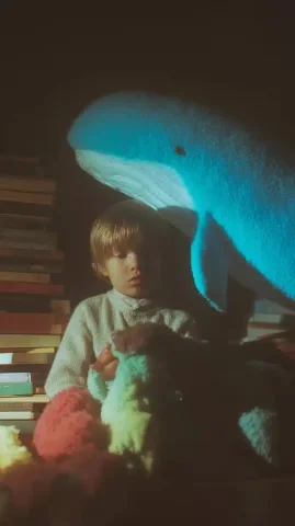 Whale in Dimly Lit Bookroom — Midjourney v6 AI Prompt: many green water little bubble, burgundy red sparkler float, a blue whale carryi...