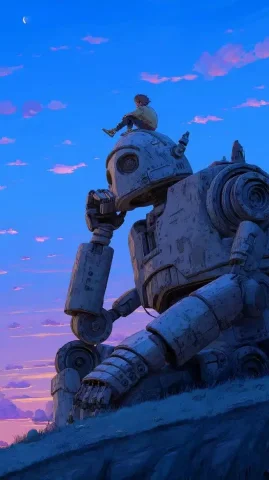 Robot Contemplation at Dusk — Midjourney v6 AI Prompt: A large robot lies on its side, with the head resting in one hand and an arm han...