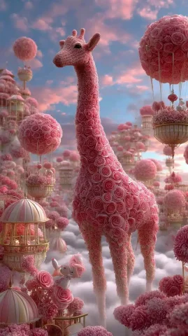Floral Giraffe at Market — Midjourney v6 AI Prompt: a tall giraffe-like creature made of rose stems and peony blossoms browses a flo...