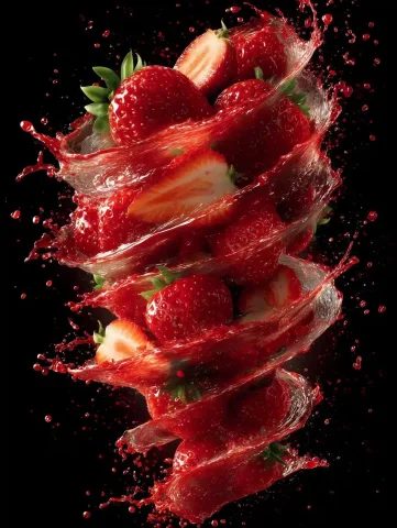 Strawberry Tornado in Motion — Midjourney v6 AI Prompt: swirling tornado made of strawberries, floating sliced and whole strawberries, d...