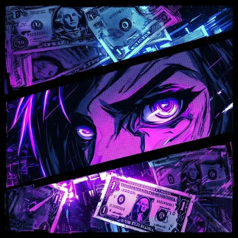 Neo-Pop Anime Dollar Bill — Midjourney v6 AI Prompt: A noir and highly stylized multilayered composition featuring anime inspired dol...