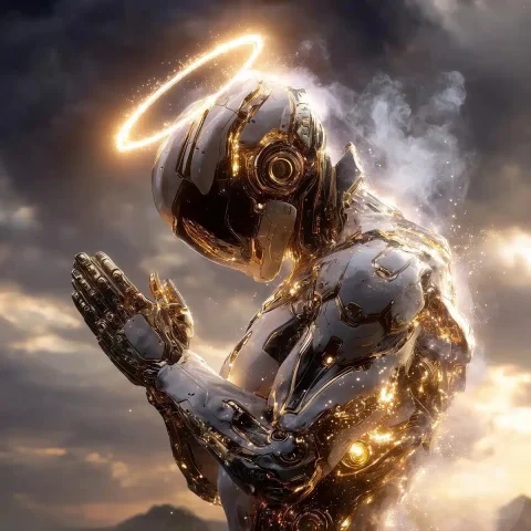 Angelic Robot on Mount Cutlass — Midjourney v6 AI Prompt: A full-body photograph of an angelic robot, wearing a halo and holding its hands...