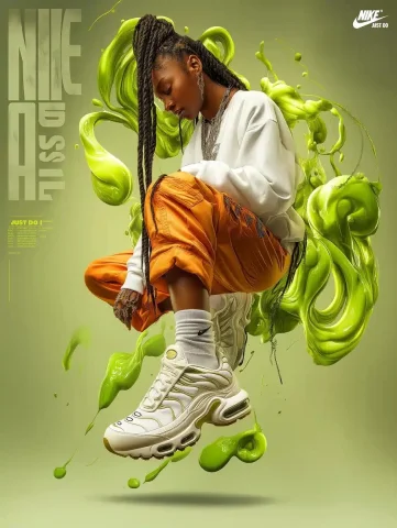 Nike Air Fashion Ad — Midjourney v6 AI Prompt: A dynamic fashion advertisement for Nike Air featuring a young female model in a...