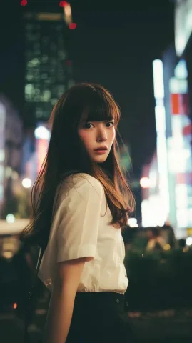 Japanese Model in Cityscape — Midjourney v6 AI Prompt: Portrait off shot of a super cute 20 year old model-like Japanese girl, professi...