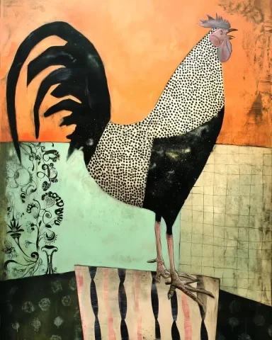 Detailed Ukrainian Rooster Art — Midjourney v6 AI Prompt: Paintings of a proud magnificent black and white speckled rooster,, highly detai...