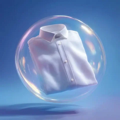 Photorealistic Shirt in Bubble — Midjourney v6 AI Prompt: Photorealistic close-up of one high-end white cotton dress shirt gracefully unfu...