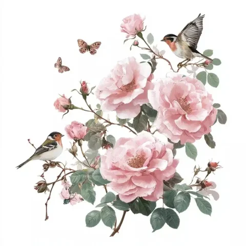Sticker-Style Rose Garland — Midjourney v6 AI Prompt: A delicate pink rose garland with small birds and butterflies, set against a whi...