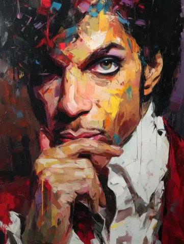 Colorful Portrait of Prince — Midjourney v6 AI Prompt: the painting is of the musician Prince, in the style of anna bocek, wealthy port...