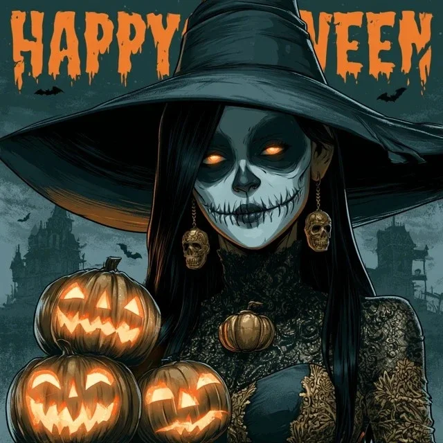 Sugar Skull Witch With Pumpkins