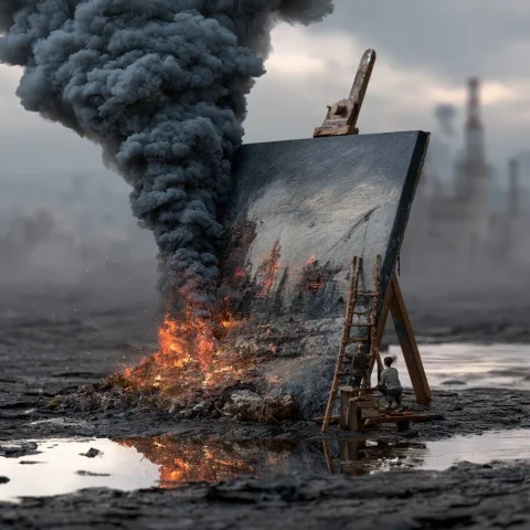 Illustration Industry and Environment — Nano Banana 2 AI Prompt: Create an image showing the illustration industry destroying the environment, wi...