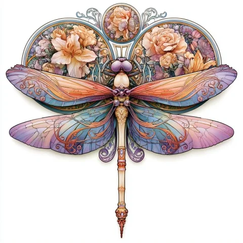 Dragonfly in Mucha Style — Nano Banana 2 AI Prompt: Dragonfly in Alphonse Mucha Art Nouveau poster style, wings framed by circular f...