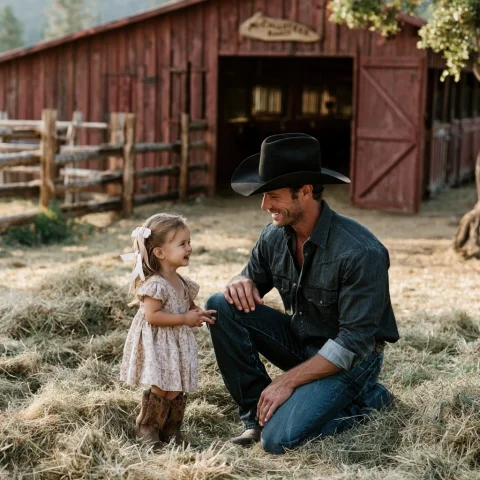 Modern Cowboy with Daughter — Nano Banana 2 AI Prompt: Ultra realistic modern very handsome cowboy father kneeling and smiling at his l...