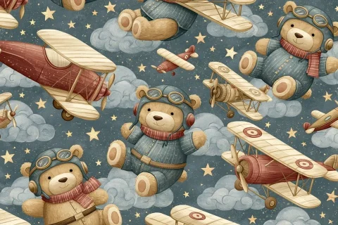 Friendly Bear Pilots — Nano Banana 2 AI Prompt: Repeated friendly bear pilots, small planes, clouds, stars, dusty blue, tan, sof...