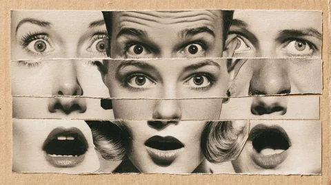 Surreal Collage — Nano Banana 2 AI Prompt: A horizontal fine art collage of three surreal faces, funny mix-and-match split-...