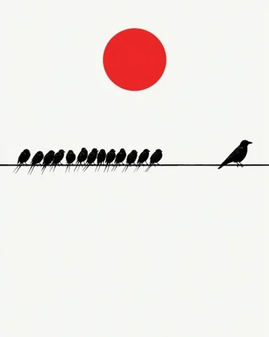 Minimalist Bird Illustration — Nano Banana 2 AI Prompt: a minimalist illustration on a white background features a red circle in the upp...