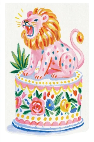 Lion Birthday Cake — Nano Banana 2 AI Prompt: hand-painted gouache illustration, limited color palette, a lion roaring on a bi...
