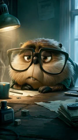Exhausted Beaver — Nano Banana 2 AI Prompt: A beaver with large glasses sitting at a desk, he is slumped forward from exhaus...