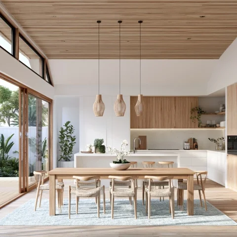 Modern Coastal Kitchen — Nano Banana 2 AI Prompt: Can you make an image of a dining and kitchen area inside a home to have an aust...