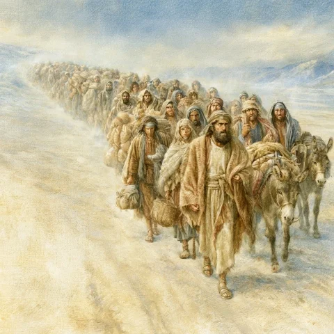 Long Journey of Hebrew Refugees — Nano Banana 2 AI Prompt: A long procession of Hebrew refugees leaving Judah and journeying toward Egypt....