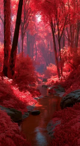 Peaceful Red Forest — Nano Banana 2 AI Prompt: a peaceful forest scene, but it's red, all the plants look a little strange, the...