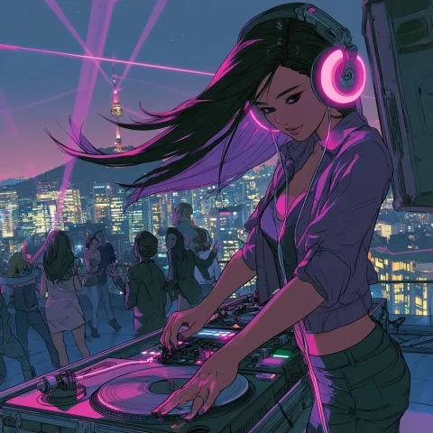 Beautiful Korean Female DJ — Nano Banana 2 AI Prompt: Beautiful korean anime realistic female DJ, black flowing long straight hair wit...