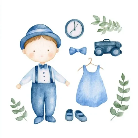 Watercolor Clipart — Midjourney v6 AI Prompt: watercolor clipart for boys Upsherin. Separate pictures for invitation --profile...